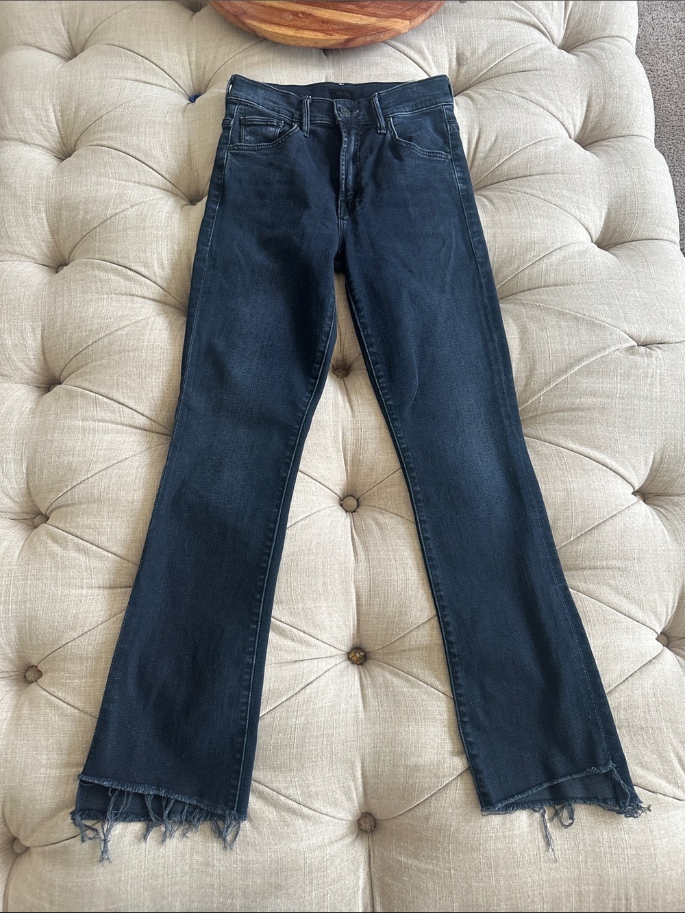 MOTHER Dark Blue Flare Jeans with Frayed Hem